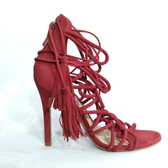 SCHUTZ Valquis Red Nubuck Leather Laced Caged Stiletto Heeled Sandals w/… - Picture 2 of 10